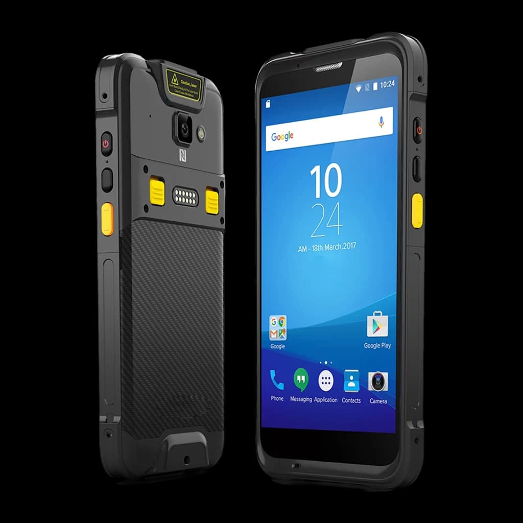 Chainway C66 robuste IP65, écran 5,5 pouces IPS IGZO, boutons latéraux jaunes, coque noire texturée, scanner 2D SE4710, ports pogo arrière, double SIM 4G