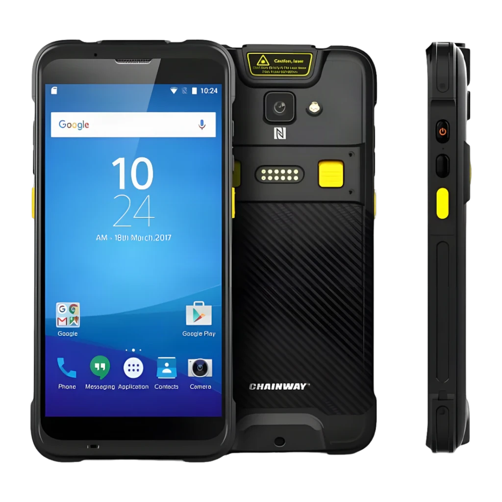 Chainway C66 robuste IP65, écran 5,5 pouces IPS HD, coque antichoc 1,8 m, boutons latéraux jaunes, caméra 13 MP arrière, batterie 4420 mAh, NFC intégré