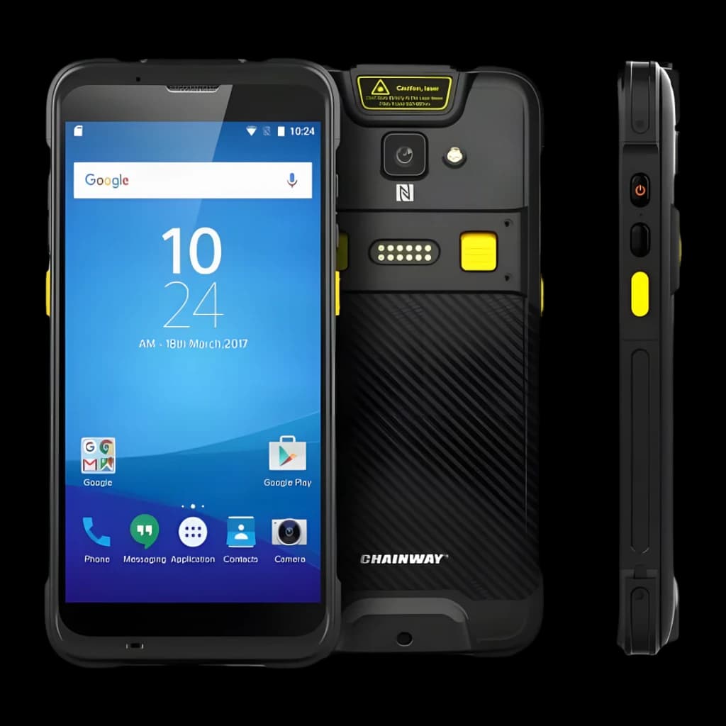 Chainway C66 robuste IP65, écran 5,5 pouces IPS HD, coque antichoc 1,8 m, boutons latéraux jaunes, caméra 13 MP arrière, batterie 4420 mAh, NFC intégré