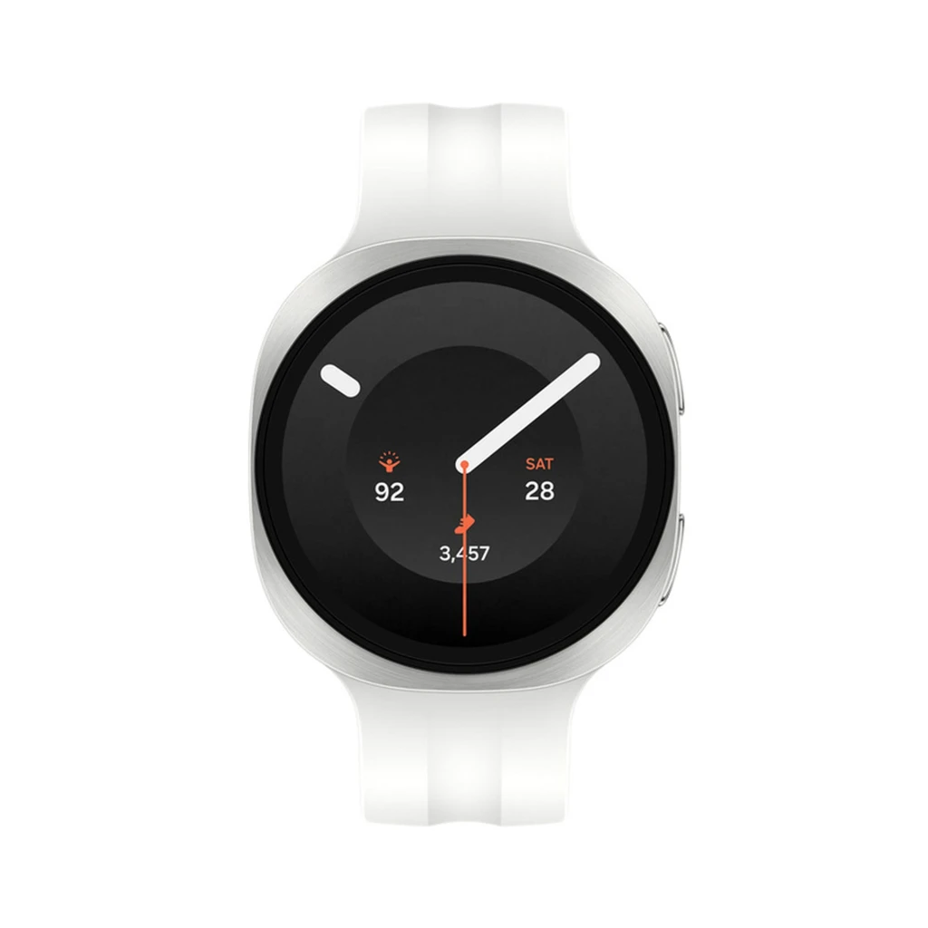 Reloj inteligente blanco con caja de aluminio plateado, esfera circular negra, dos botones laterales y correa de silicona ajustable; diseño minimalista y - Ítem1