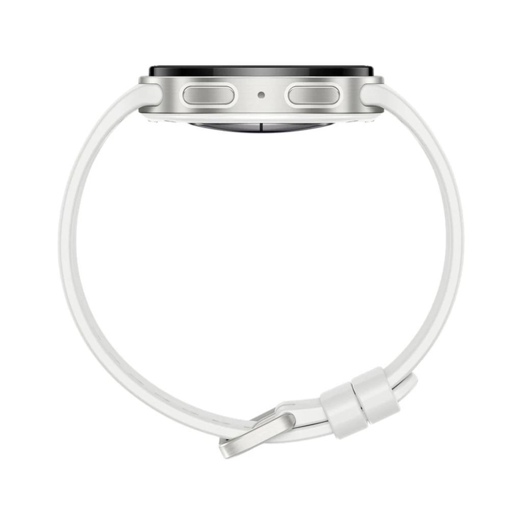 Reloj inteligente blanco con caja de aluminio plateado, esfera circular negra, dos botones laterales y correa de silicona ajustable; diseño minimalista y - Ítem4