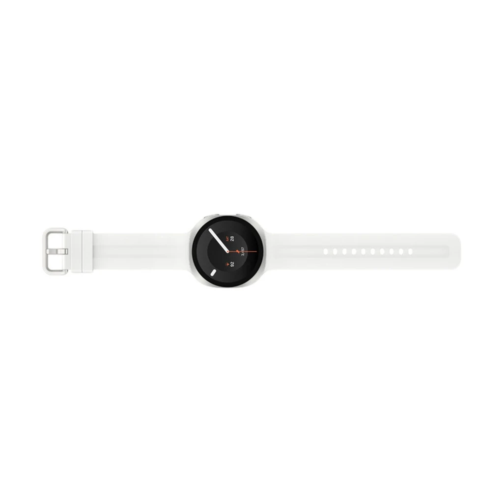 Reloj inteligente blanco con caja de aluminio plateado, esfera circular negra, dos botones laterales y correa de silicona ajustable; diseño minimalista y - Ítem5