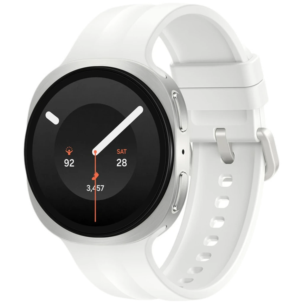 Reloj inteligente blanco con caja de aluminio plateado, esfera circular negra, dos botones laterales y correa de silicona ajustable; diseño minimalista y - Ítem