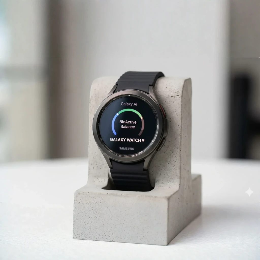 Samsung Galaxy Watch 9 44mm plata con pantalla circular AMOLED, bisel delgado y correa negra deportiva; interfaz Galaxy AI y sensor BioActive visibles en