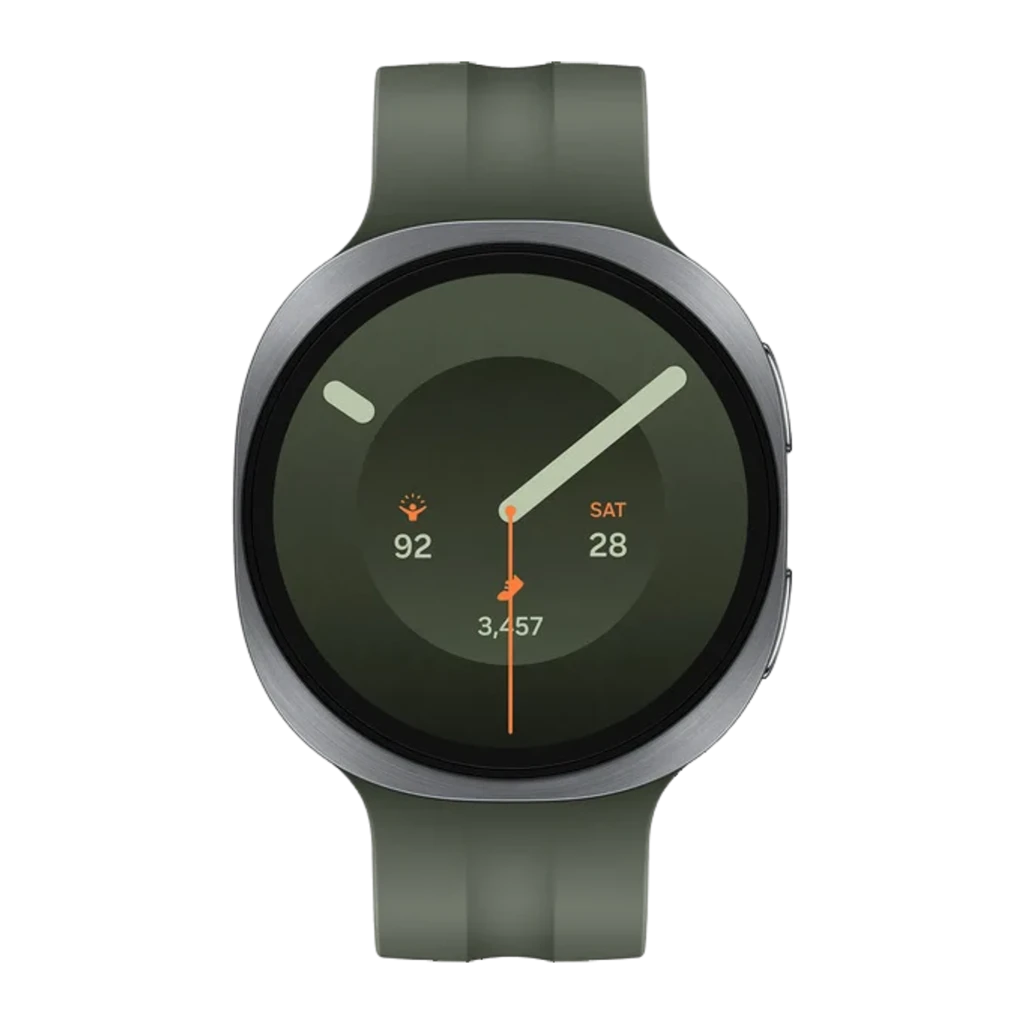 Reloj inteligente Samsung Galaxy Watch 9 44mm plata con pantalla circular verde, bisel metálico fino, correa verde y esfera minimalista con indicadores claros