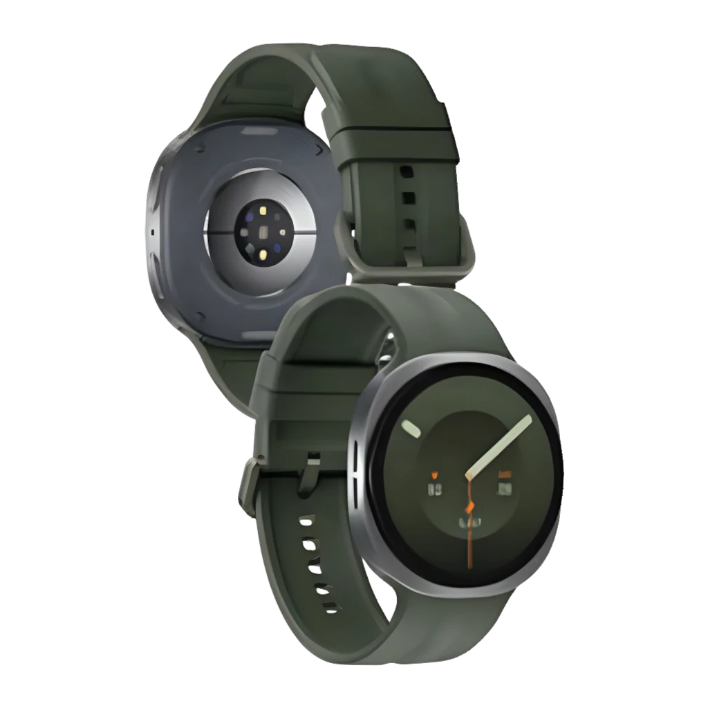 Samsung Galaxy Watch 9 44mm plata LTE con caja metálica redonda, bisel fino, correa verde mate, pantalla oscura minimalista y sensores traseros; IP68, NFC,