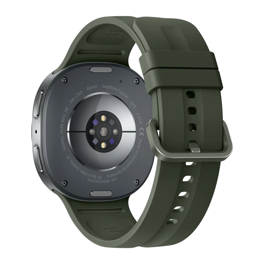 Samsung Galaxy Watch 9 44mm plata con correa verde oliva de silicona, cierre de hebilla, sensor óptico trasero circular y carcasa resistente IP68 LTE NFC