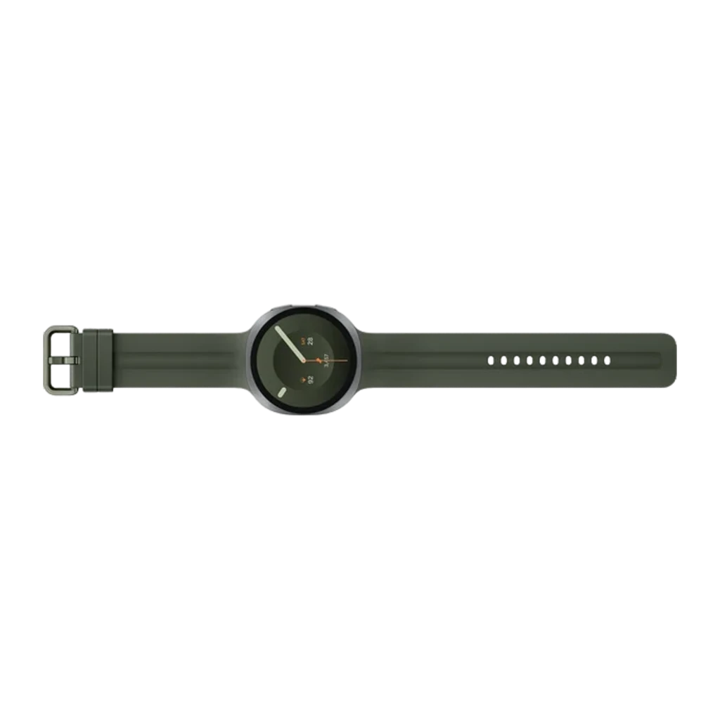 Reloj Samsung Galaxy Watch 9 44mm plata con bisel metálico y correa verde, pantalla circular minimalista, LTE, NFC, 445 mAh, resistencia IP68