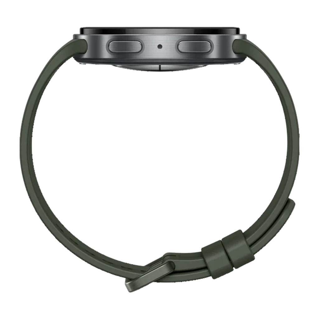 Vista lateral del Samsung Galaxy Watch 9 44mm Plata LTE NFC: caja metálica plateada, botones laterales dobles, correa verde ajustable, perfil delgado IP68