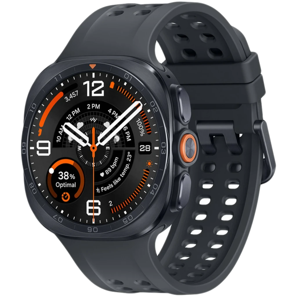 Samsung Galaxy Watch Ultra 2 47mm 4G en gris titanio con bisel robusto, dos botones laterales y correa deportiva perforada; pantalla circular con acentos - Ítem