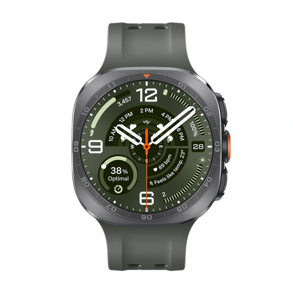 Samsung Galaxy Watch Ultra 2 47mm plateado con bisel robusto, pantalla verde con marcadores grandes, tres botones laterales y correa deportiva perforada gris - Ítem1