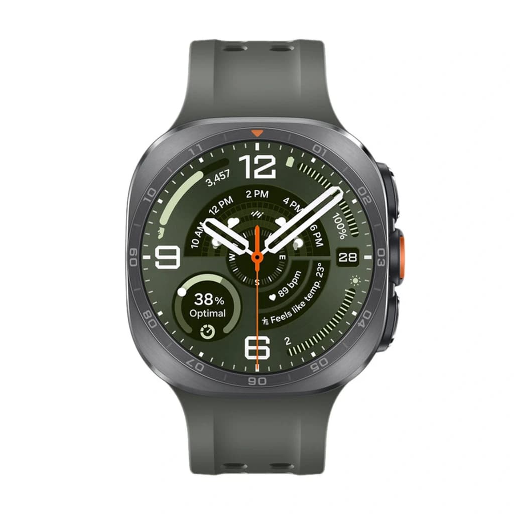 Samsung Galaxy Watch Ultra 2 47mm plateado con bisel metálico, correa verde, esfera digital verde con indicadores grandes, 4G LTE eSIM y NFC
