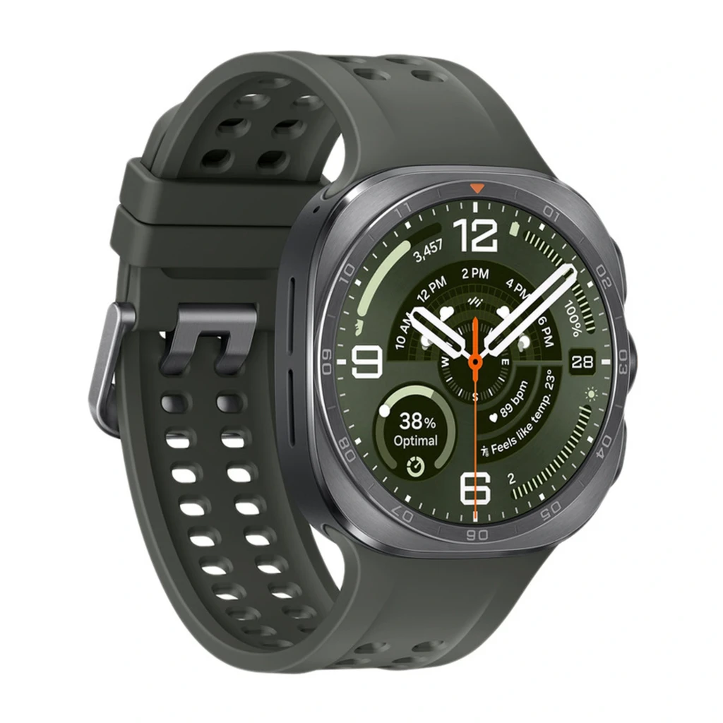 Samsung Galaxy Watch Ultra 2 47mm plateado con bisel robusto, pantalla verde con marcadores grandes, tres botones laterales y correa deportiva perforada gris - Ítem2