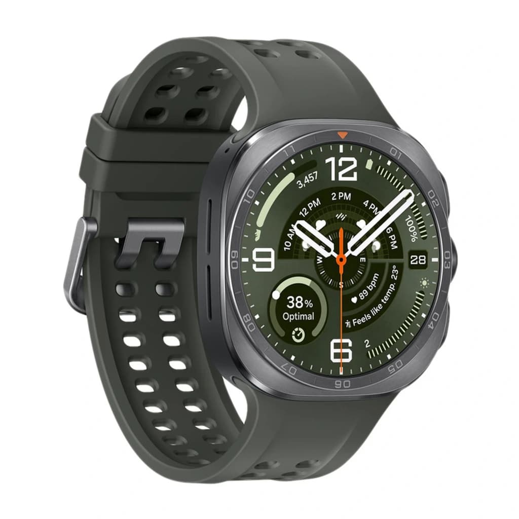 Samsung Galaxy Watch Ultra 2 47mm plateado con bisel robusto, correa deportiva verde perforada, pantalla circular con widgets de salud y 64GB, 4G LTE y eSIM