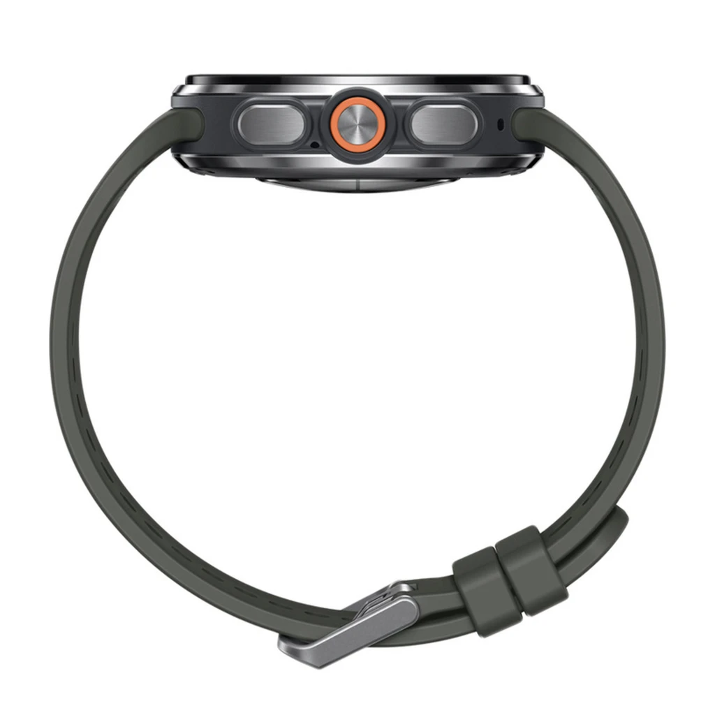 Samsung Galaxy Watch Ultra 2 47mm plateado con bisel robusto, pantalla verde con marcadores grandes, tres botones laterales y correa deportiva perforada gris - Ítem4