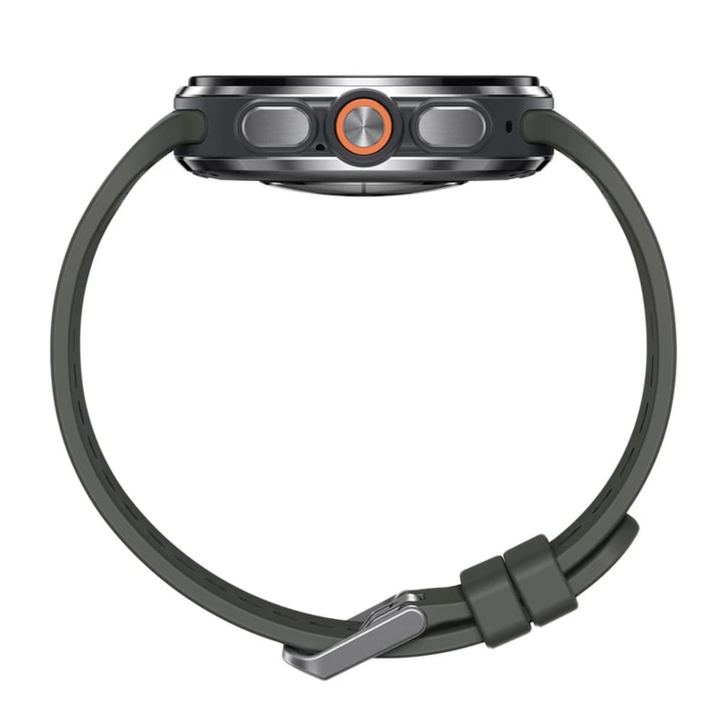 Samsung Galaxy Watch Ultra 2 47mm plateado con corona naranja, botones laterales, caja metálica robusta y correa verde ajustable. 64GB, 4G LTE, eSIM, NFC