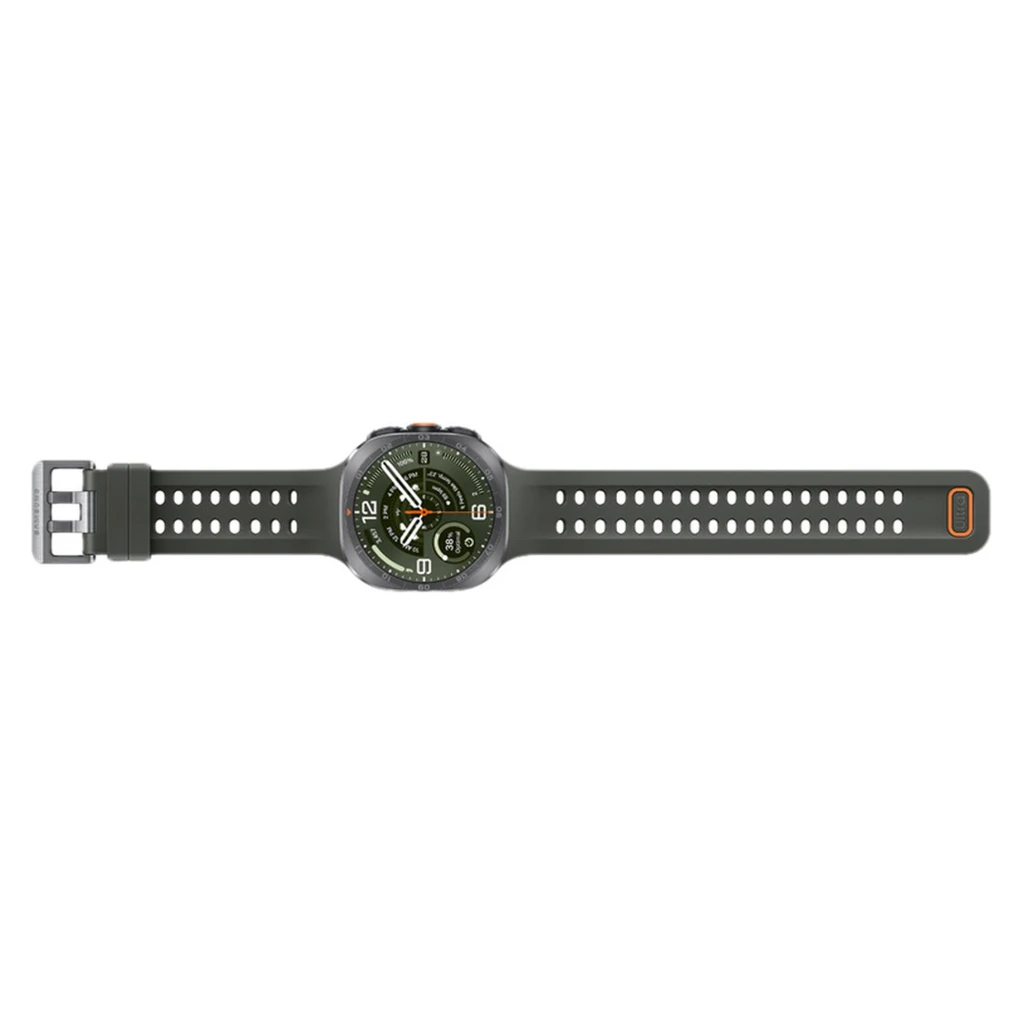 Samsung Galaxy Watch Ultra 2 47mm plateado con bisel robusto, pantalla verde con marcadores grandes, tres botones laterales y correa deportiva perforada gris - Ítem5