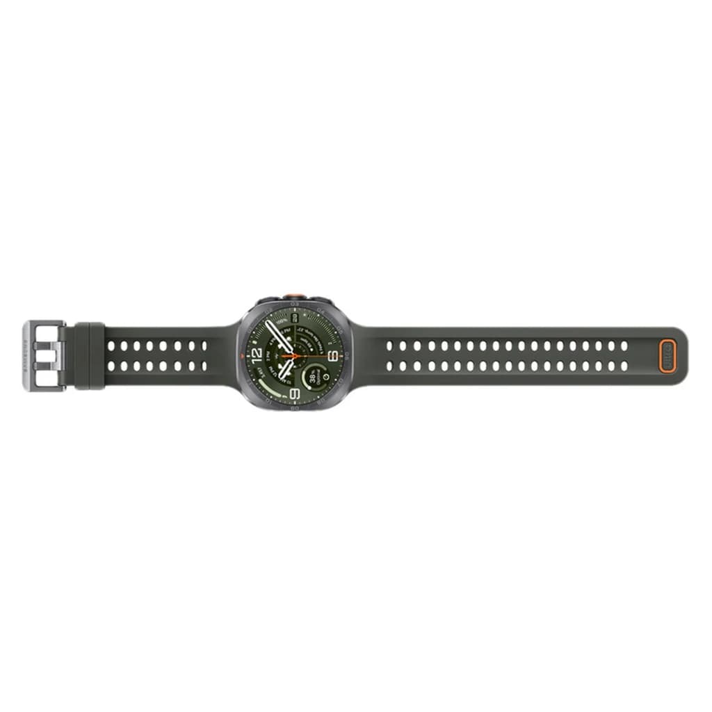 Samsung Galaxy Watch Ultra 2 47mm plateado con bisel robusto y corona, pantalla verde, correa deportiva gris perforada con hebilla metálica y acento naranja