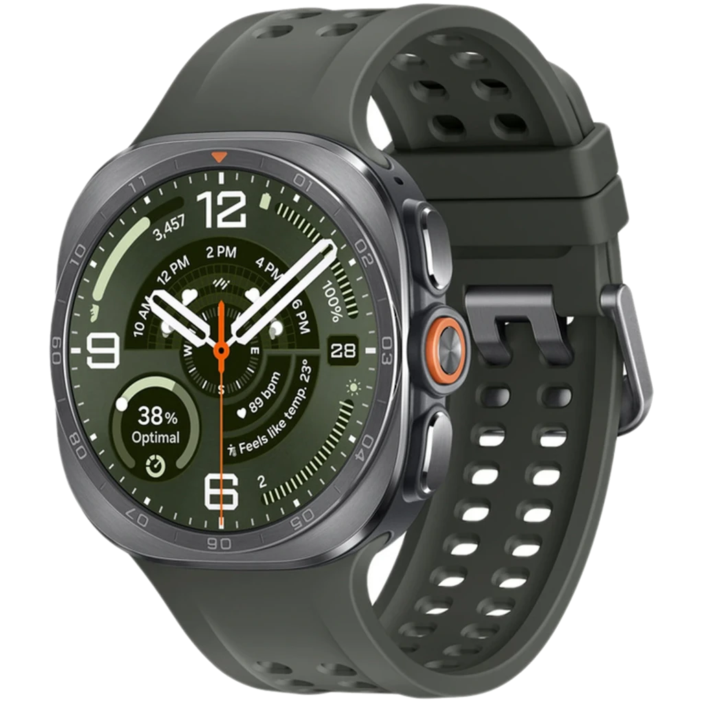 Samsung Galaxy Watch Ultra 2 47mm plateado con bisel robusto, pantalla verde con marcadores grandes, tres botones laterales y correa deportiva perforada gris - Ítem