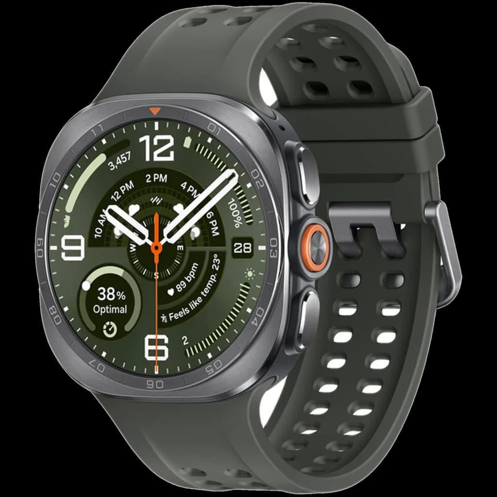 Samsung Galaxy Watch Ultra 2 47mm plateado con bisel robusto, pantalla verde con marcadores grandes, tres botones laterales y correa deportiva perforada gris