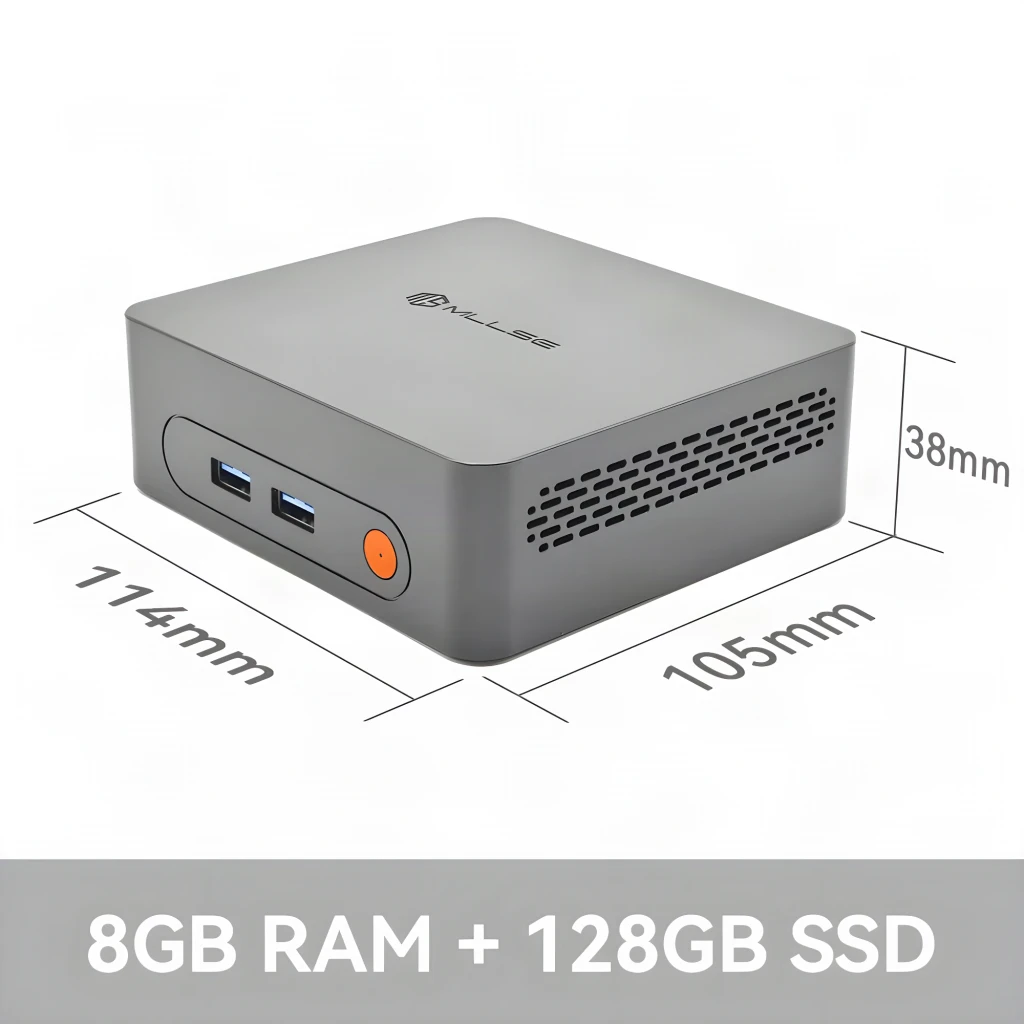 Mini PC MLLSE M2 compacto en gris con puertos frontales USB y botón naranja, rejillas laterales de ventilación, diseño minimalista y carcasa metálica - Ítem5