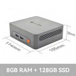 Mini PC MLLSE M2 compacto gris, 114x105x38 mm, frontal con 2 USB azules y botón naranja, laterales ventilados, 8GB RAM y 128GB SSD, Windows 11