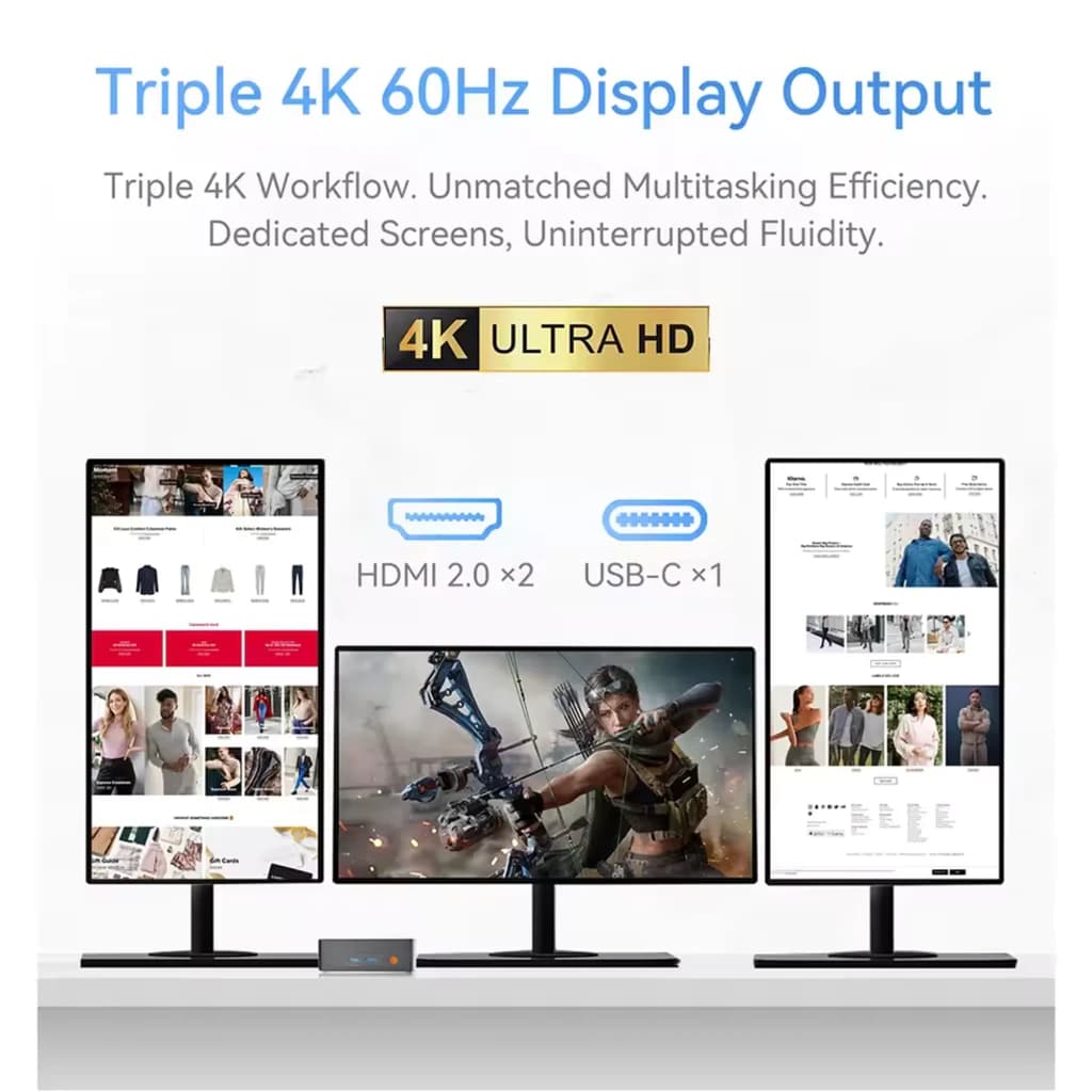Mini PC MLLSE M2 compacto con salida triple 4K 60Hz; dos HDMI 2.0 y un USB‑C. Indicadores frontales y diseño minimalista ideal para multitarea en 3