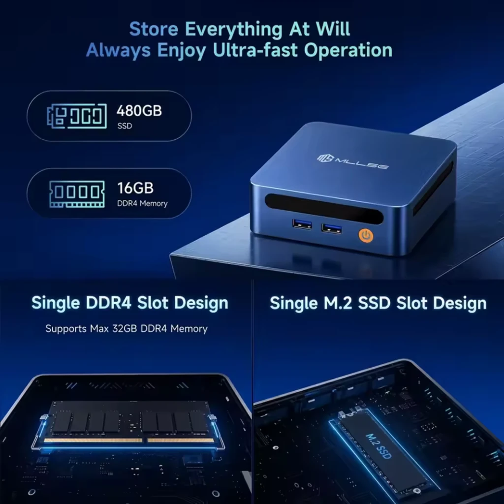 Mini PC MLLSE M4 compacto en color azul con logo superior, puerto de encendido frontal, 2 USB 3.0 y ranuras de ventilación laterales, diseño metálico - Ítem6