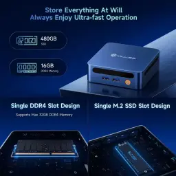 Mini PC MLLSE M4 azul compacto con puertos frontales USB y botón naranja, 16GB DDR4, SSD 480GB M.2 SATA3, WiFi 5, diseño de ranura única para RAM y SSD