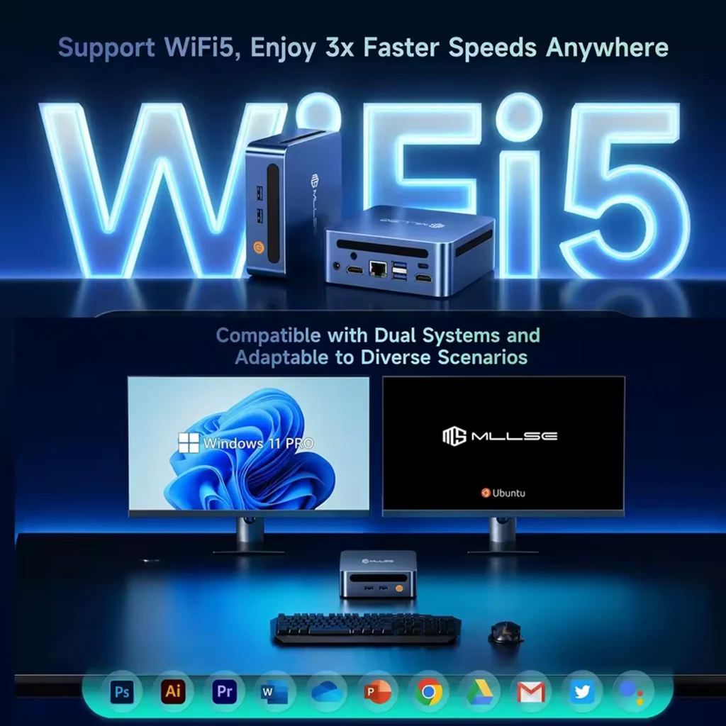 Mini PC MLLSE M4 compacto en color azul con logo superior, puerto de encendido frontal, 2 USB 3.0 y ranuras de ventilación laterales, diseño metálico - Ítem4