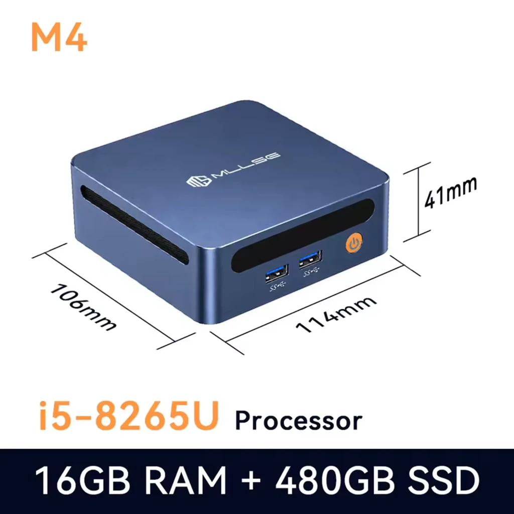 Mini PC MLLSE M4 compacto en color azul con logo superior, puerto de encendido frontal, 2 USB 3.0 y ranuras de ventilación laterales, diseño metálico - Ítem1