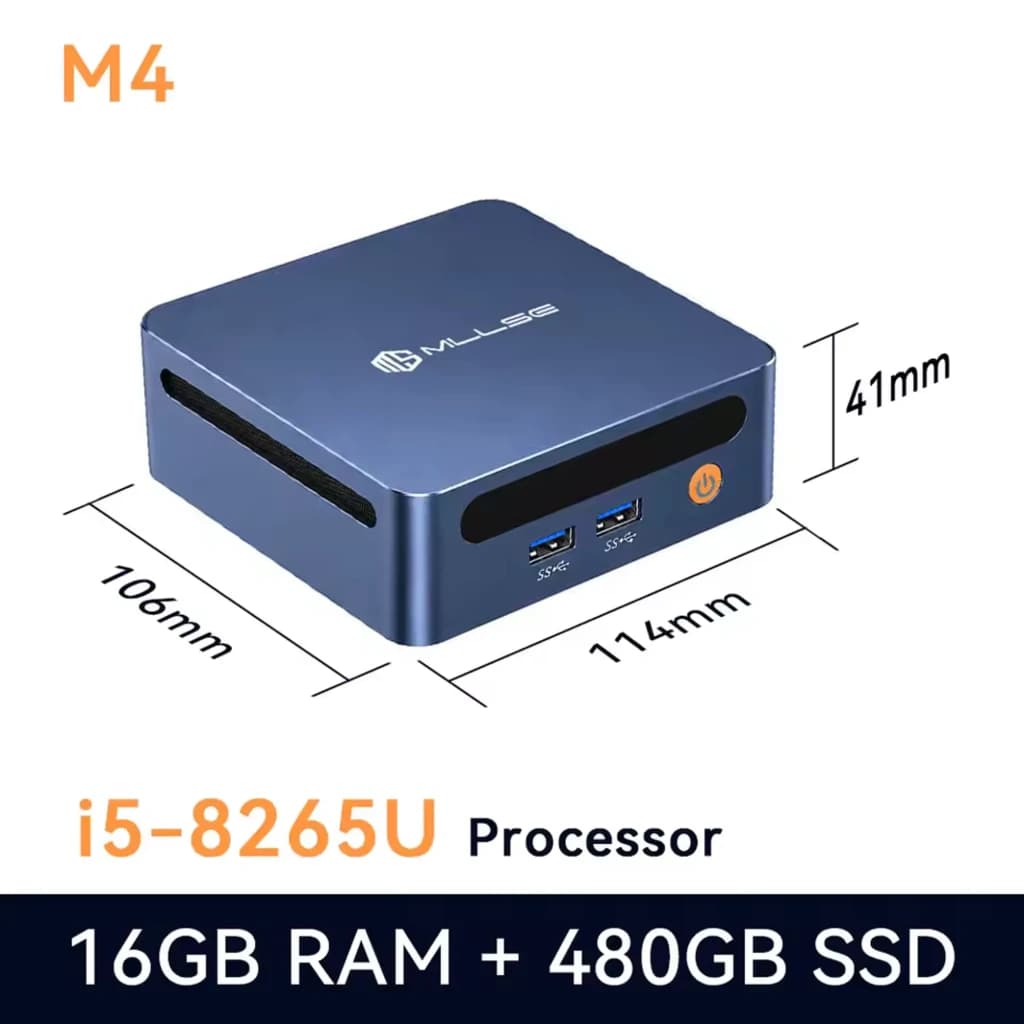 Mini PC MLLSE M4 azul compacto con puertos frontales USB 3.0 y botón de encendido; medidas 114x106x41 mm; Core i5-8265U, 16GB RAM y 480GB SSD
