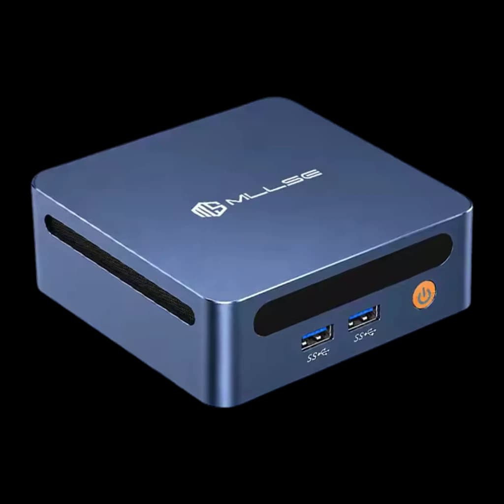 Mini PC MLLSE M4 Pro azul metálico, compacto con logo superior, doble USB frontal 3.0, botón de encendido naranja y rejillas laterales de ventilación