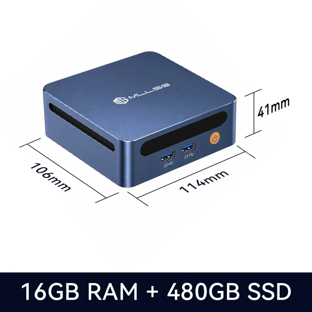Mini PC MLLSE M4 Pro azul metálico, compacto con logo superior, doble USB frontal 3.0, botón de encendido naranja y rejillas laterales de ventilación - Ítem6
