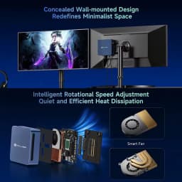 Mini PC MLLSE M4 Pro azul montado detrás del monitor, diseño oculto de pared, ventilador inteligente, disipador, placa M.2 y puertos frontales USB y jack