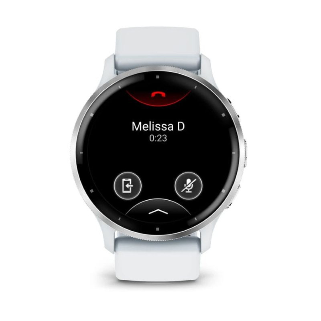 Garmin Venu 3 Blanco renovado en excelente estado, pantalla circular negra con llamada activa, botones laterales, bisel plateado y diseño elegante - Ítem3