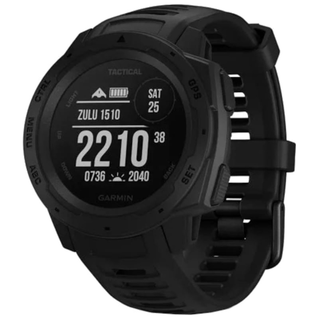 Carátula de reloj Garmin Instinct Tactical Edition negro, bisel robusto con botones etiquetados, pantalla monocroma con icono de mira y nivel de batería - Ítem10