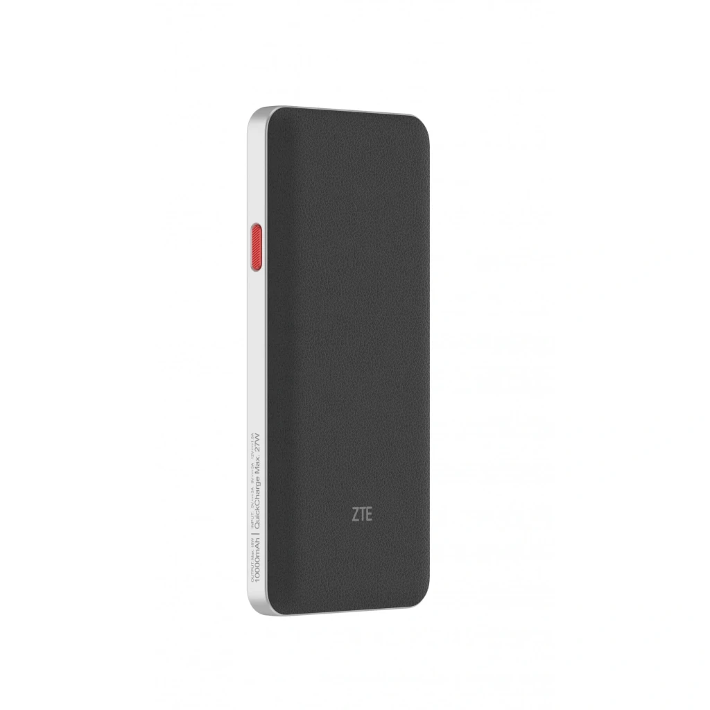 ZTE U60 PRO 5G Router WiFi 7 noir, boîtier compact avec écran couleur indiquant débit et mode, bouton latéral rouge, surface arrière texturée, logo ZTE - Ítem1