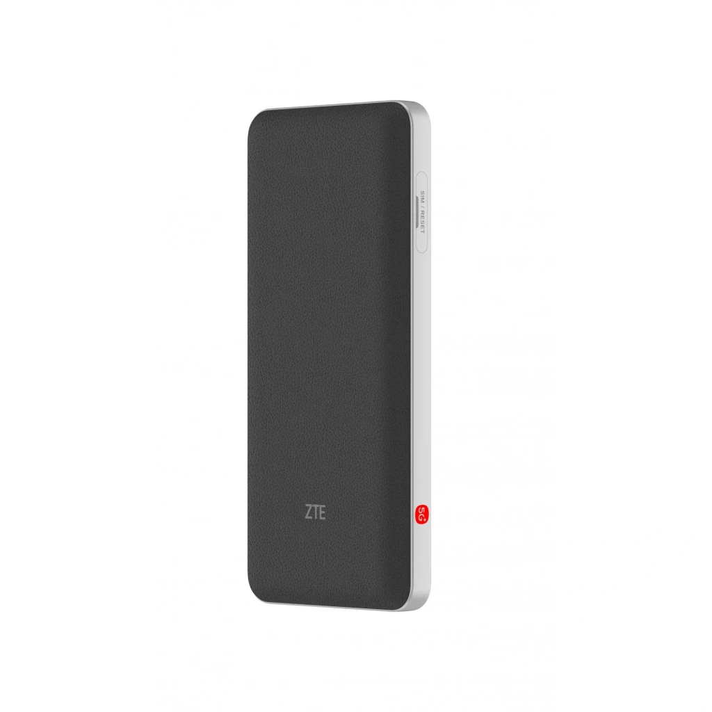 ZTE U60 PRO 5G Router WiFi 7 noir, boîtier compact avec écran couleur indiquant débit et mode, bouton latéral rouge, surface arrière texturée, logo ZTE - Ítem2