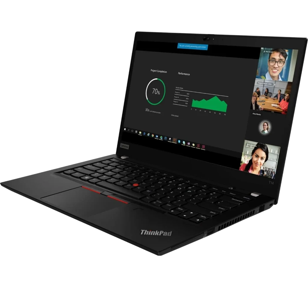 Lenovo Thinkpad T14 Gen 5 14 pulgadas negro, teclado retroiluminado con trackpoint rojo, pantalla con biseles delgados mostrando ventanas abiertas, estado - Ítem1