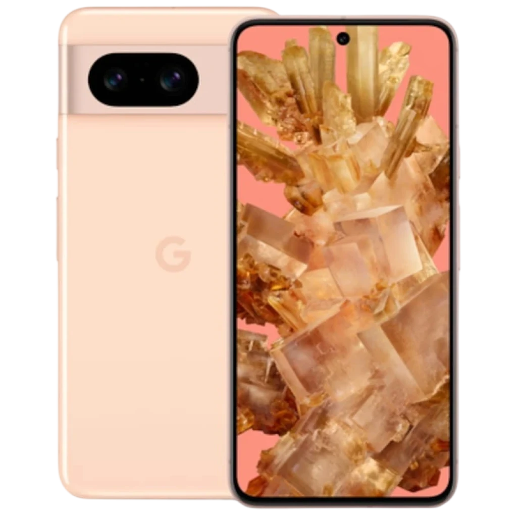 Google Pixel 8 5G rosa, 8GB/128GB, renovado en excelente estado; pantalla OLED con biseles finos y cámara dual trasera en barra horizontal
