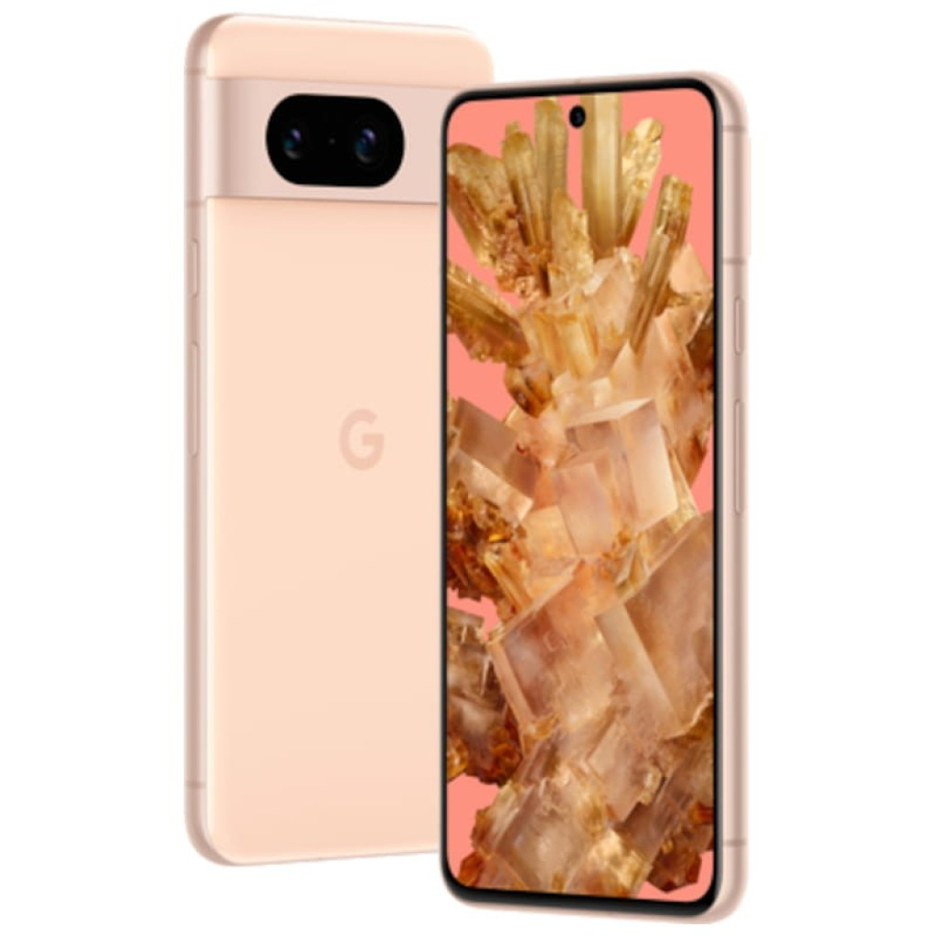 Google Pixel 8 5G rosa renovado en estado excelente con pantalla borde a borde y cámara dual horizontal; acabado mate suave y frontal con biseles finos