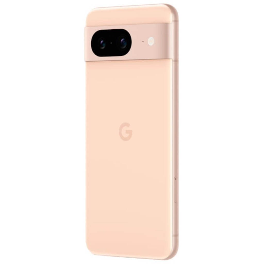 Google Pixel 8 5G rosa renovado en excelente estado, trasera mate con logo G, módulo de cámara horizontal dual y flash, bordes curvos, 8GB/128GB