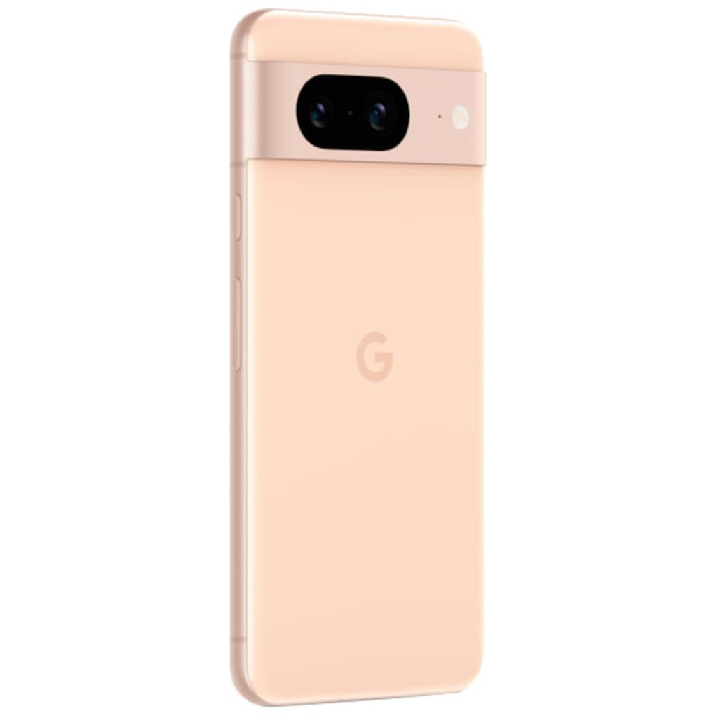 Google Pixel 8 5G rosa renovado estado excelente con doble cámara trasera horizontal, flash LED y acabado mate suave; logo G centrado y bordes redondeados