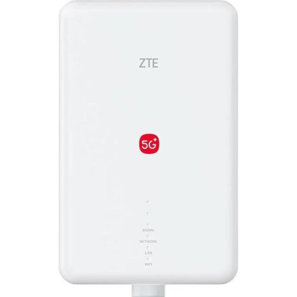 Routeur ZTE G5 Max Pro MC7523 blanc, boîtier rectangulaire mural, logo 5G rouge, voyants LED Signal Network LAN WiFi en façade, connecteur étanche inférieur - Ítem1