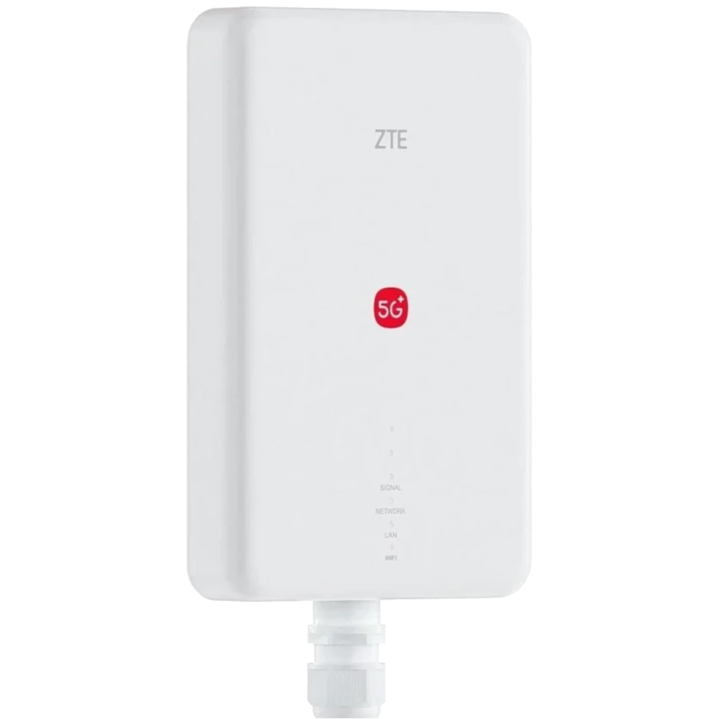 Routeur ZTE G5 Max Pro MC7523 blanc, boîtier rectangulaire mural, logo 5G rouge, voyants LED Signal Network LAN WiFi en façade, connecteur étanche inférieur - Ítem
