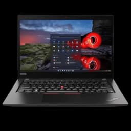Notebook Lenovo ThinkPad X395 preto, tela aberta exibindo Windows, teclado QWERTZ com TrackPoint vermelho, webcam central, design fino e profissional