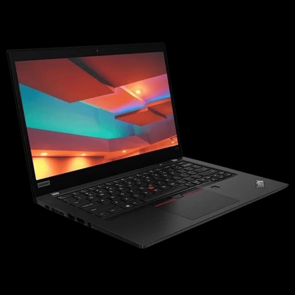 Notebook Lenovo ThinkPad X395 preto, tela fina aberta exibindo cores vibrantes, teclado QWERTZ com trackpoint vermelho e touchpad amplo, acabamento premium
