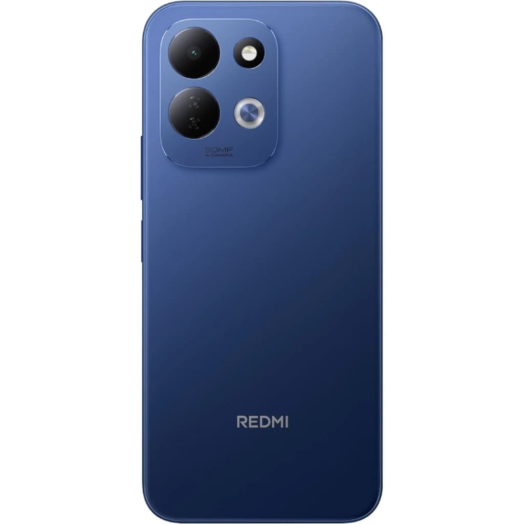 Xiaomi Redmi 17 4G azul con tapa trasera lisa, módulo de cámaras triple prominente y flash; logo Redmi centrado. Diseño minimalista y acabado mate elegante.