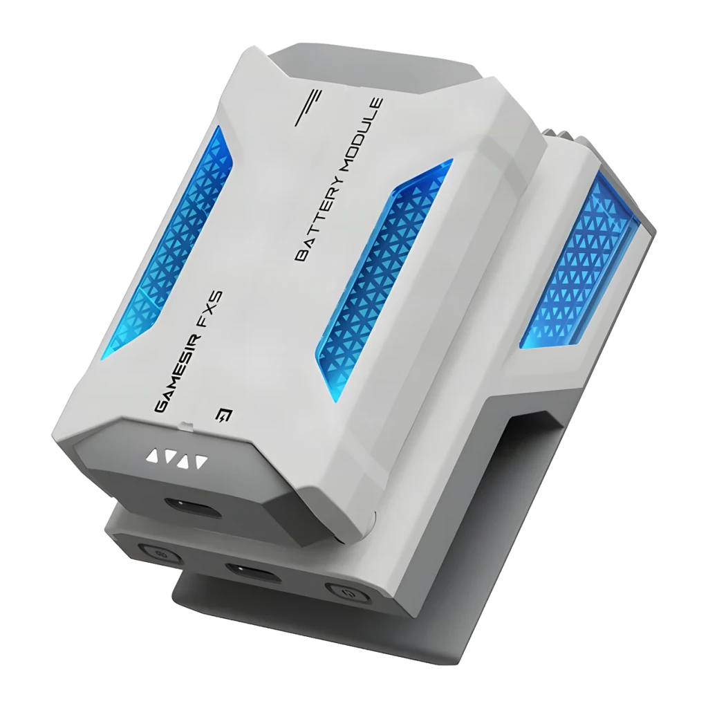 Accessoire gaming GameSir FX5 Cooler sans fil RGB 3 modes de refroidissement, vue avant: corps blanc avec grilles RGB bleues